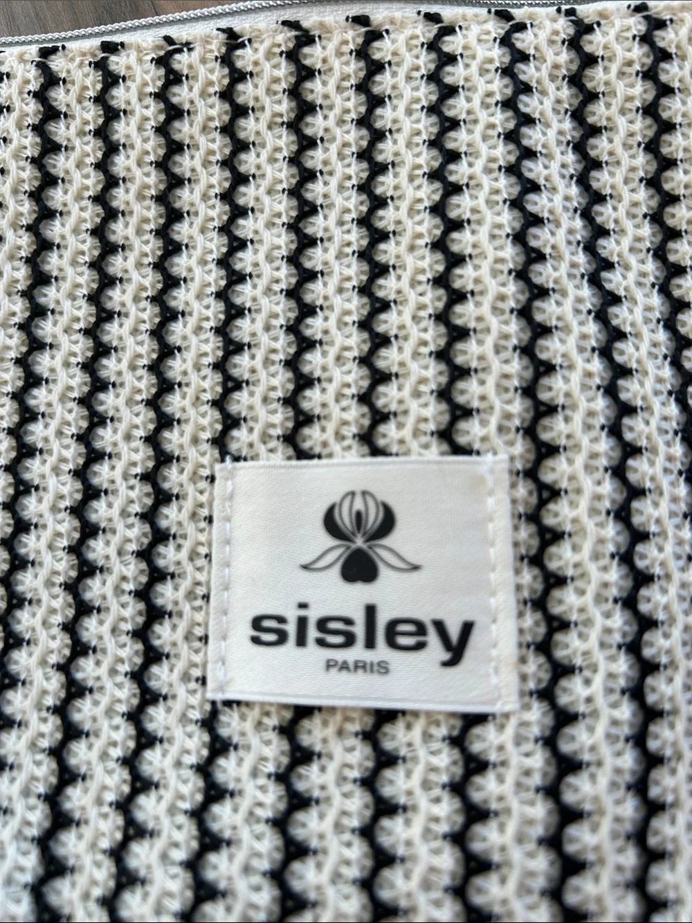 Sisley-Paris Black & Cream Striped Crochet Cosmetic Pouch